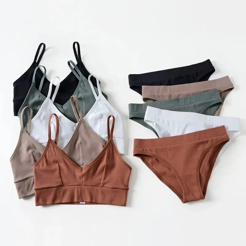 Women Lingerie Set V‑Neck Thin Strap Bra And Briefs Solid Color Soft Stretch Underwear Sleepwear — image 1