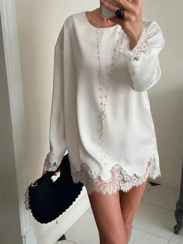 Women Light Blue Lace Satin Round Neck Dress Elegant Side Tie Long Sleeve Soft Short Gown 2026 Daily Vacation Party Sundress — image 5