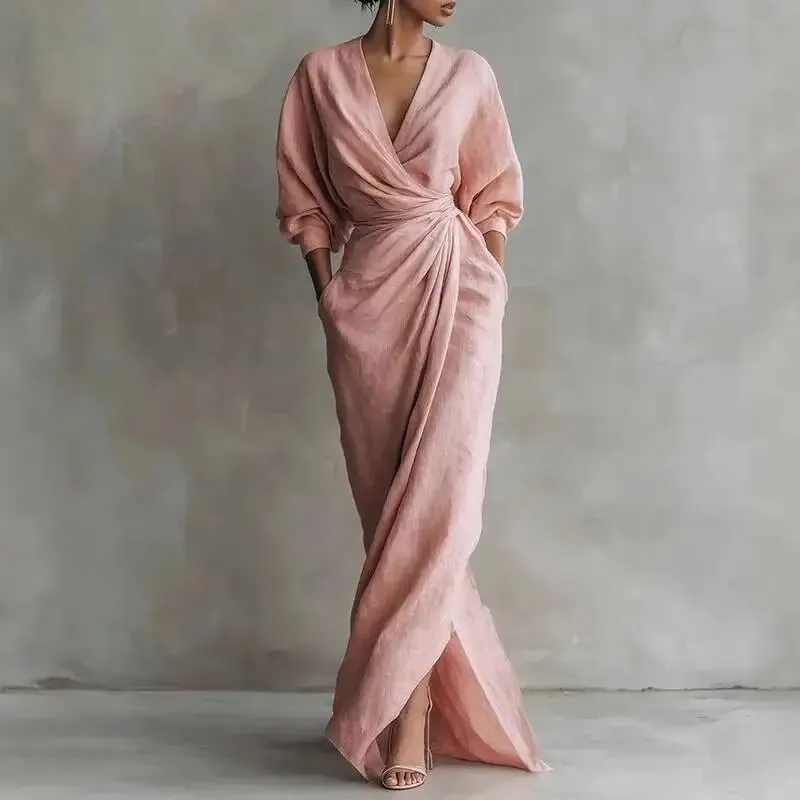 Women's Sexy V Neck Wrap Waist Dresses 2026 Spring Casual Solid Slim Bodycon Hips Elegant Long Sleeve Slit Maxi Dress
