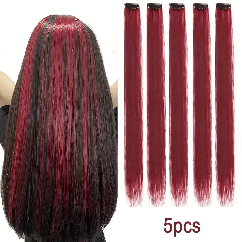 22Inch Synthetic Long Straight 5pcs Clip in Hair Extension Colored Rainbow Hairpieces for Women Daily Use