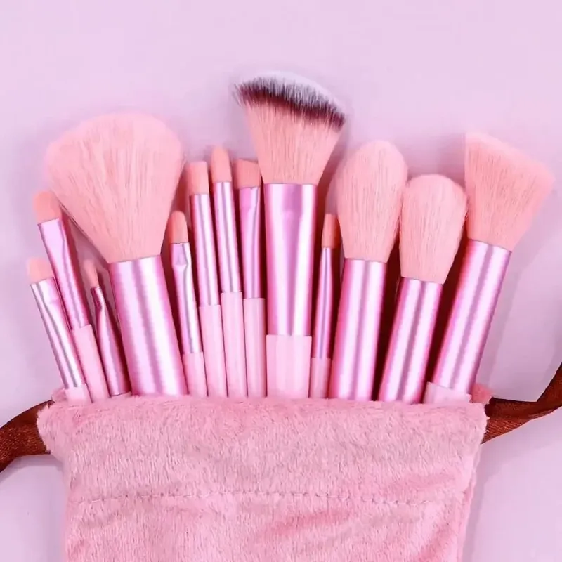 13PCS Vegan Makeup Brush Set-Rose Gold Luxury Brushes with Hybrid Fiber Bristles&Gift Pouch Cruelty-Free Kit for Beginners/Pros