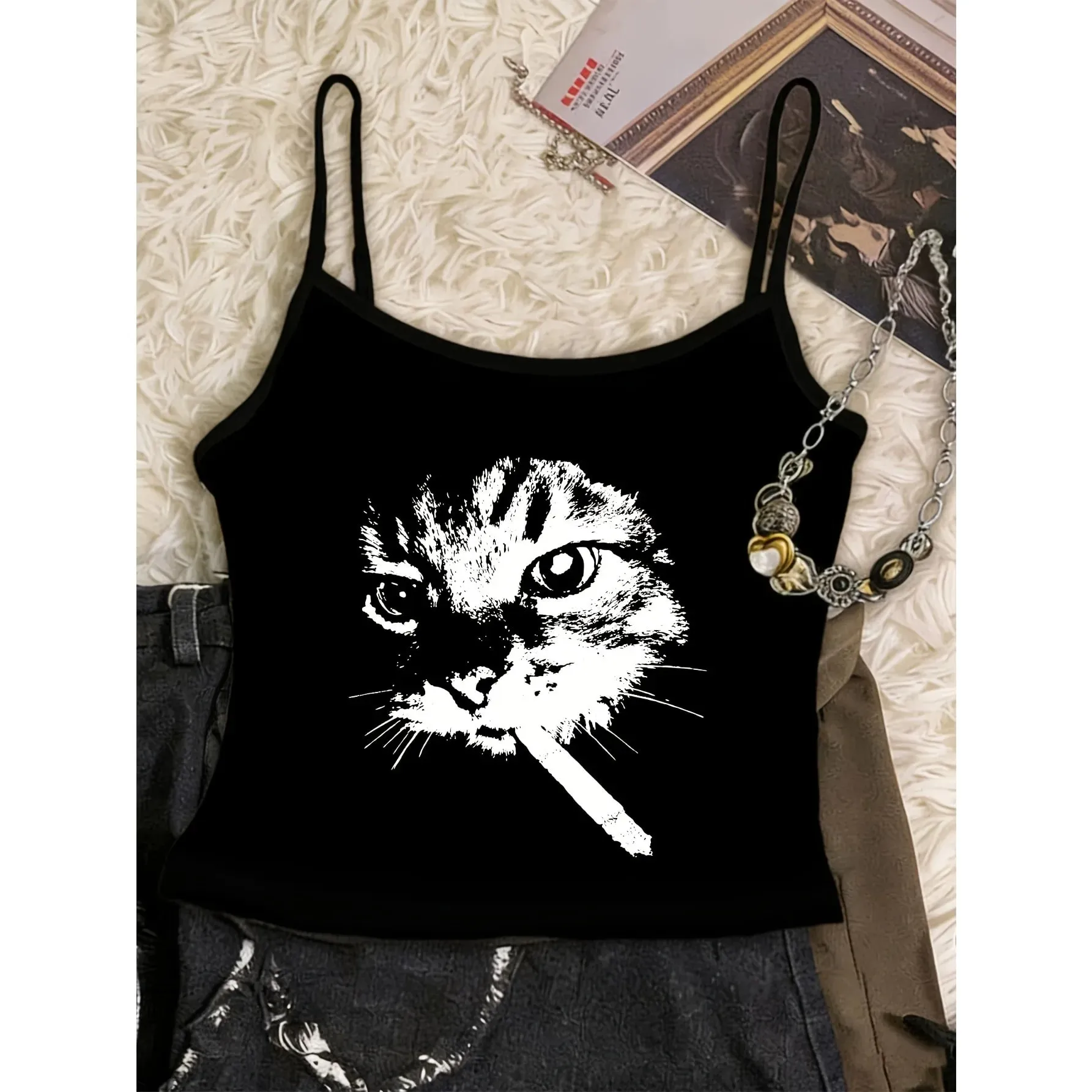 Retro Smoking Cat Print Camisole Top Y2k Style Streetwear Spring/Summer Women's Vest Graphic Crop Top Tank Top