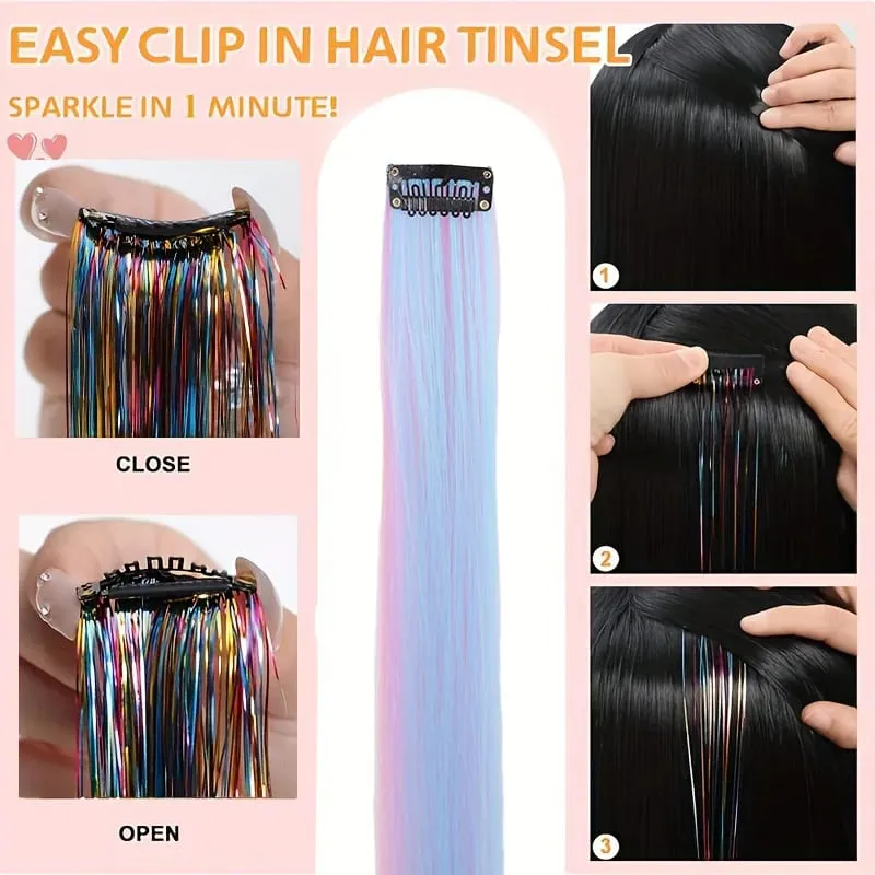 5PCS Synthetic Clip In Rainbow Tinsel Hair Extensions Colorful Glitter Sparkle Hair Shiny Hair Hairpieces For Women Girls — image 5