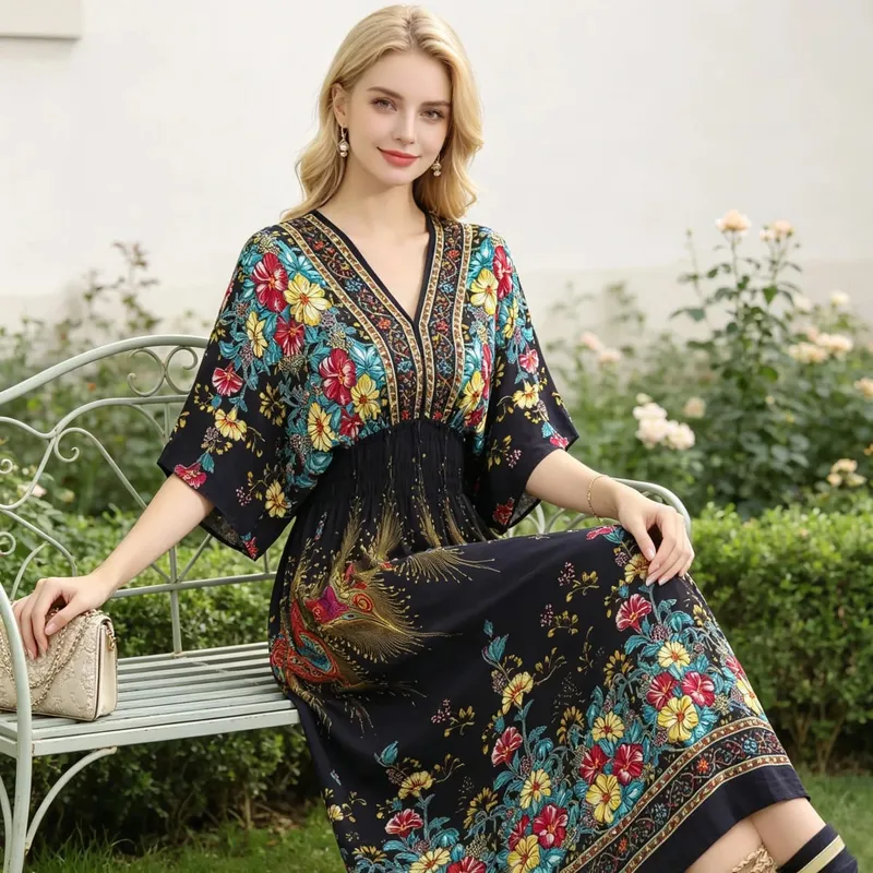 Boho Holiday Women V-Neck Batswing Short Sleeve A-Line Midi Dresses Slim Elastic Waist Casual Vintage Office Lady Elegance Dress — image 29