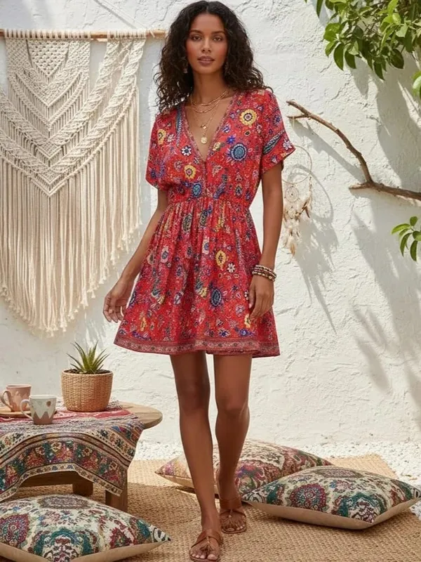 Vintage Chic Wanita Peacock Floral Print Gaun Mini Bohemian V-leher Dalam Wanita Lengan Pendek Happie Beach Boho Dress Vestidos — image 7
