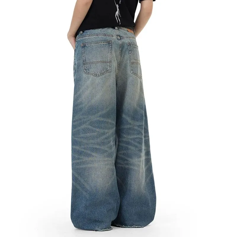 Retro Men's Washed Blue Jeans Distressed Straight Leg High Waist Loose Casual Wide Leg Denim Long Pants Fashion New 9X3258