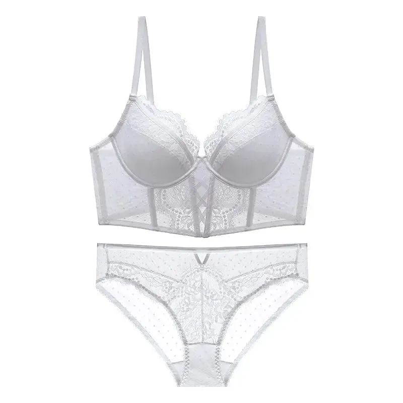 French Lace Push Up Underwear Set Mulher Thin Underwire Bra Sheer Ruched Chemise Soft Petite Small Bust S-XL Petite Elegance