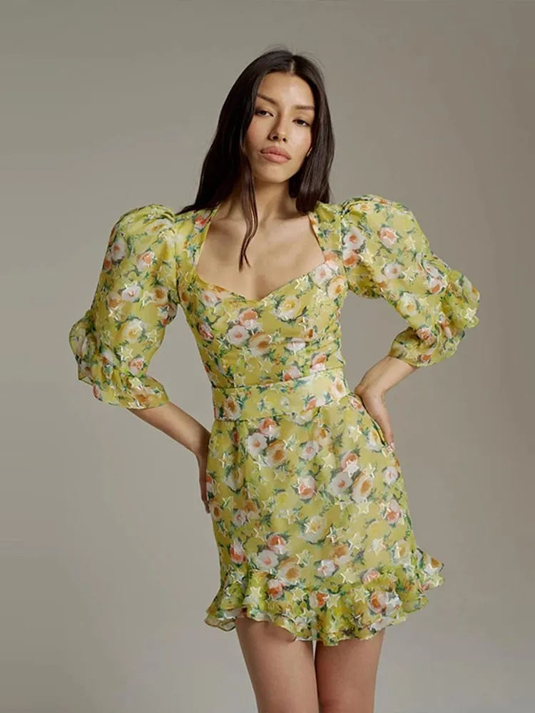 Floral Print Side Split V-Neck Mini Dresses Slim Fitwaist Cinching Puff Sleeve 2026 Summer Elegant Women Party Sweet Vestidos