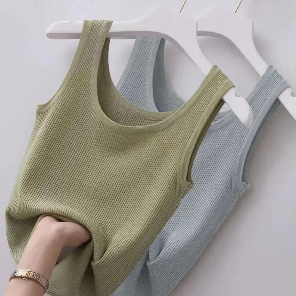2024 Polyester Sexy Sleeveless Camisole Basic Top Solid Color Summer Camisole Streetwear Tees T-Shirt Spring Knitted Tank Women