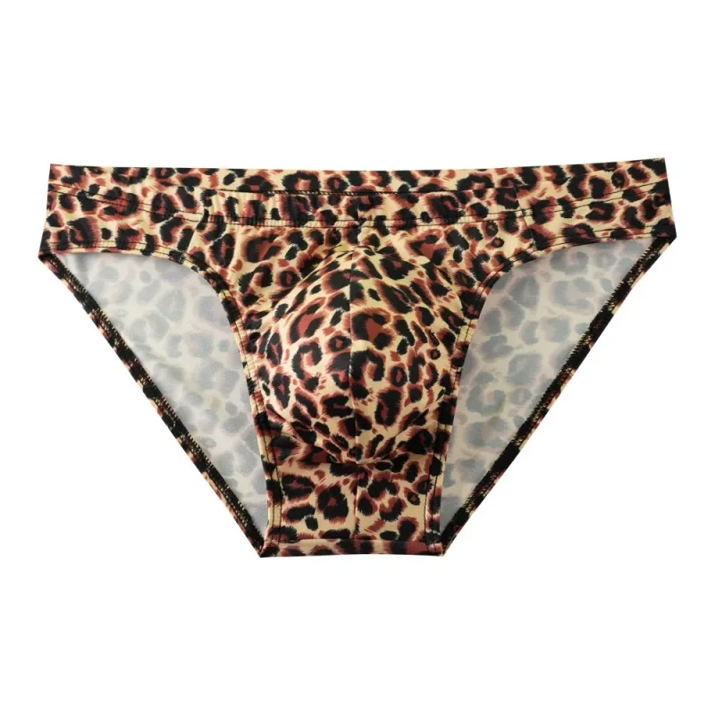 Men's Mid Waist Underwear Sexy Ice Silk Briefs Leopard Printed Breathable Underpants Male Soft Comfortable Panties Cueca Homme