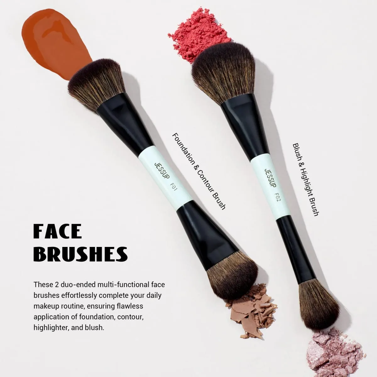 Jessup Double-Ended Makeup Brushes 6pcs Vegan Fiber Daily Use Bright Cyan