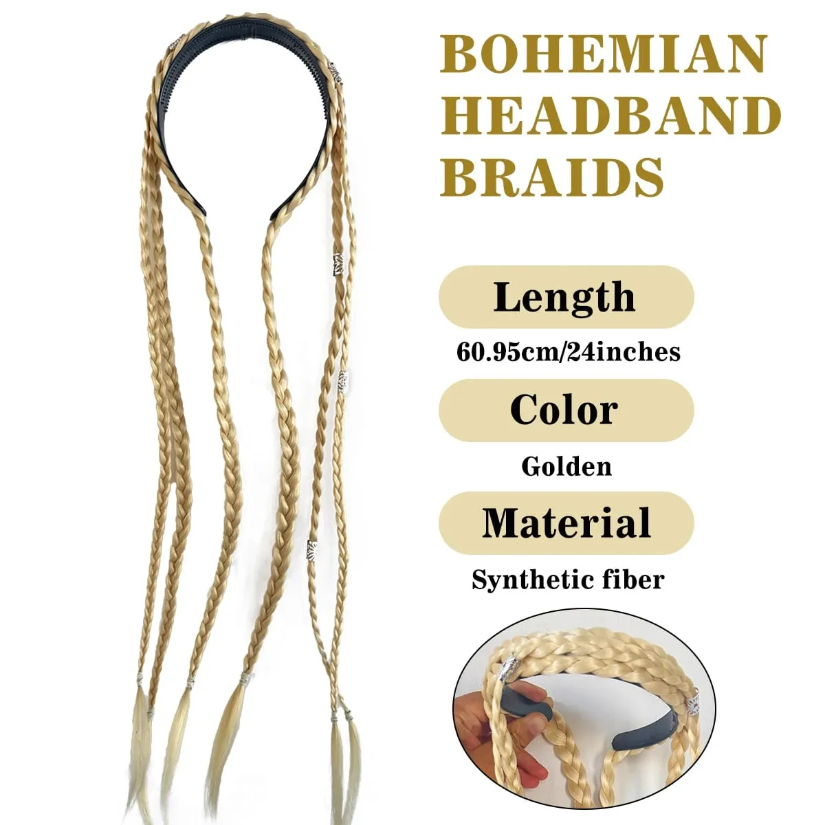 Synthetic Braided Headband Wig Braids Hairband With Decorative Silver Rings Long Box Braid Headband Hairpieces For Women Daily — image 3