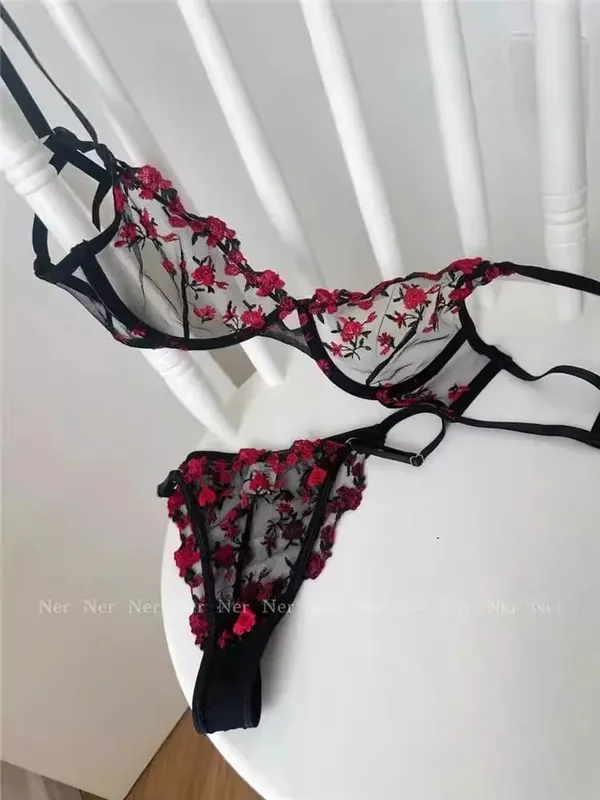 French Elegant Lingerie Set-Floral Embroidery Semi-Transparent Bra & Brief Black Sensual Women's Underwear Luxury Intimates