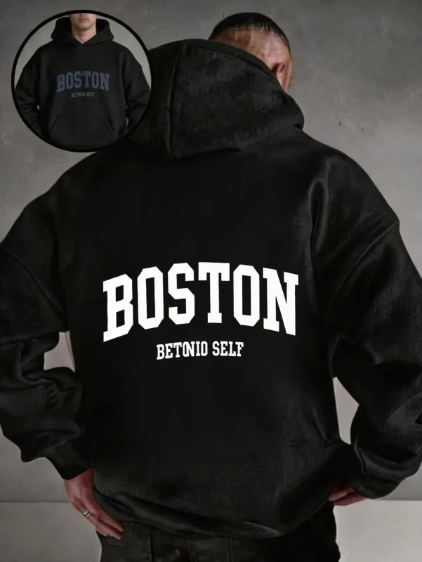 Oversized colorful hoodie, streetwear-style pullover, Boston Betonio back-print design, unisex casual wear, plus size.