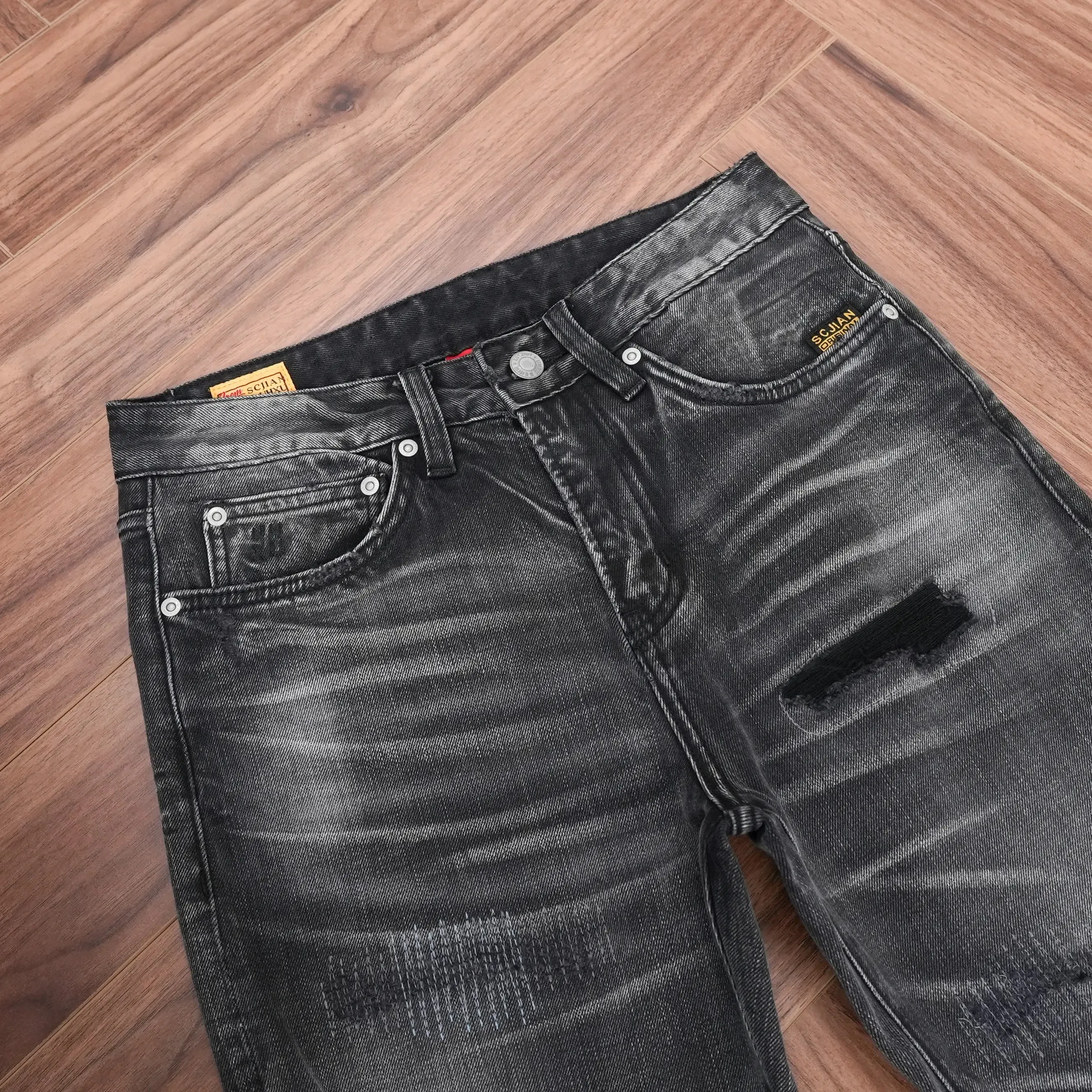 Spring Washed BlackGray Denim Jeans for Men Ripped Hole Distressed Design Regular Straight Leg Comfortable Trendy Casual Pants