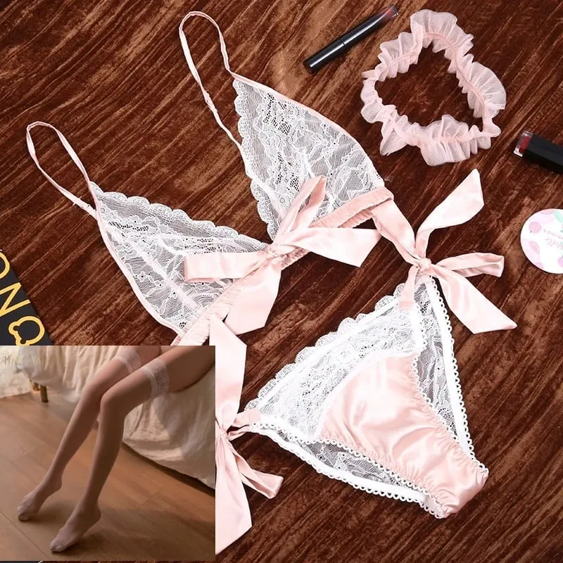 Pakaian Dalam Seksi Perancis Lace Ruffles Bra dan Seluar Dalam Tanpa Wayar dengan Set Pakaian Dalam Garter Godaan Melihat Melalui Set Bra Ultra Nipis