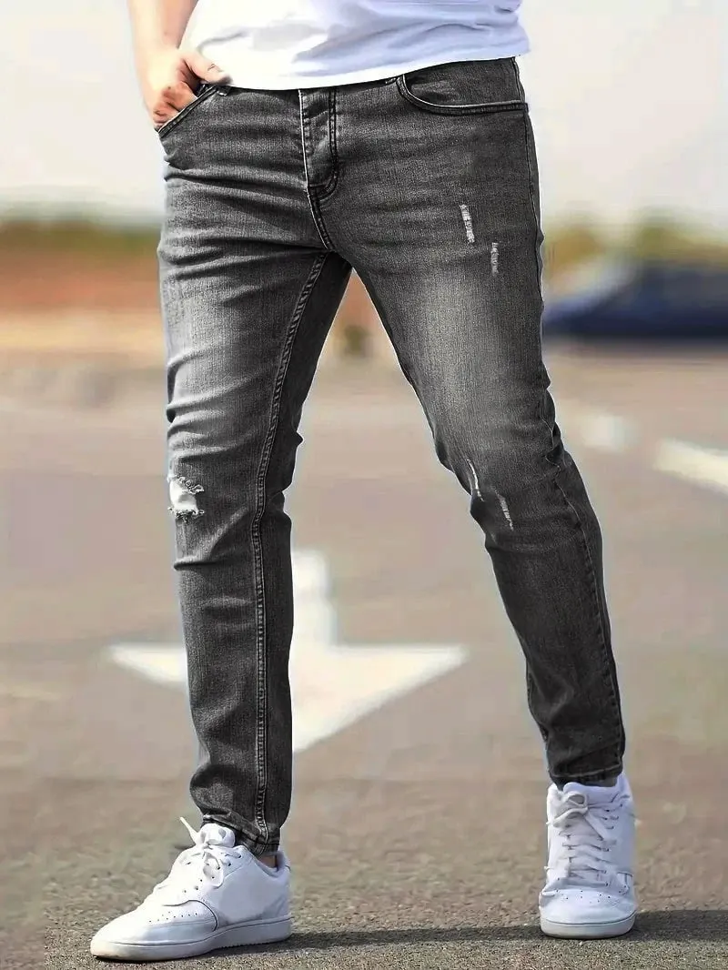 Men's American Retro Hole-Punched Stretch Slim Fit Jeans Zipper Casual Streetwear Denim Pants Classic Black Blue Skinny Trousers