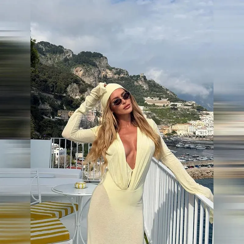 Luxury See Through Mesh Bodycon Maxi Dress For Women Lady Long Flared Cuff Deep V Neck Pleated Beach Holiday Evening Party Gown — image 7