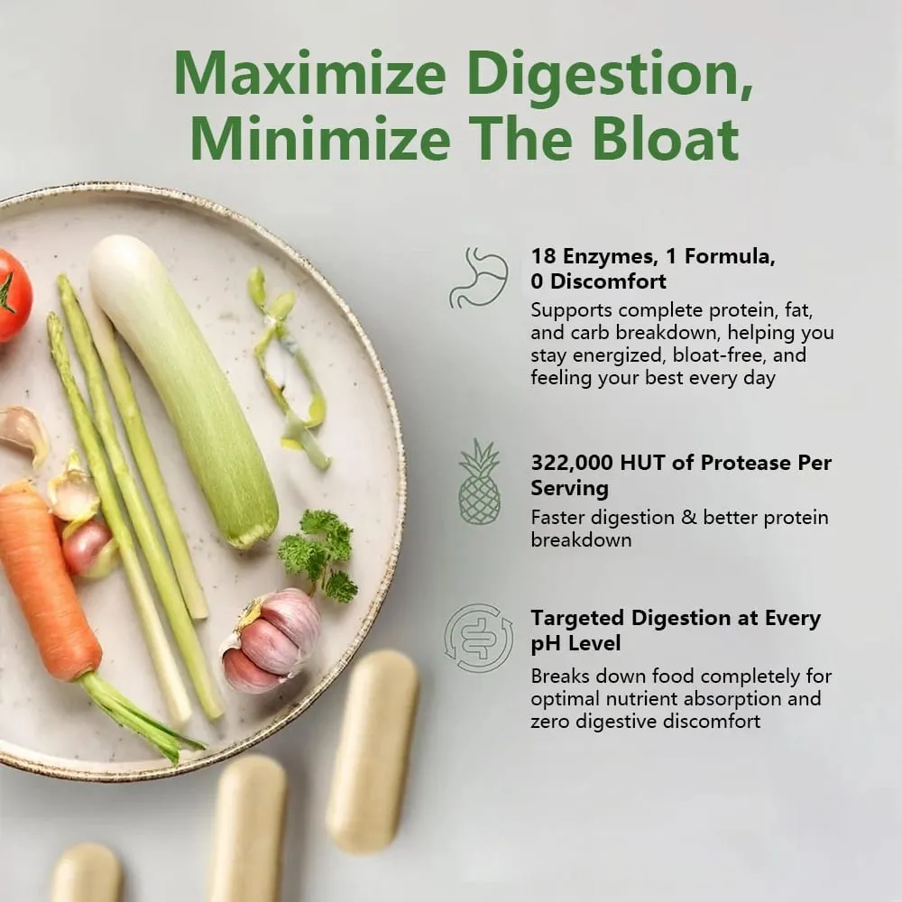 Digestive Enzymes Capsules - Most Essential Digestive Enzymes (Amylase Lipase Bromelain Lactase Cellulase Invertase)