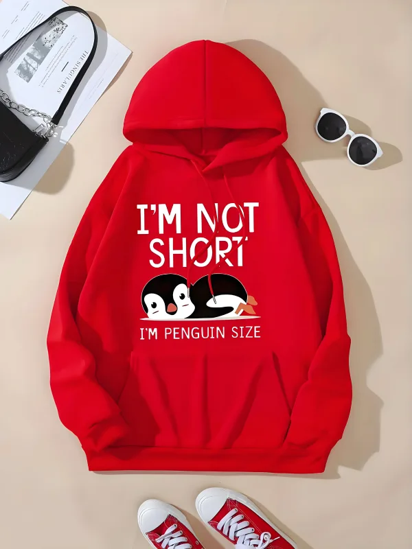 Cute Printed Hooded Sweatshirt 'I'm Not Short I'm a Penguin' Casual Hip-Hop Style Unisex Size of a Penguin Graphic Sweatshirt — image 2