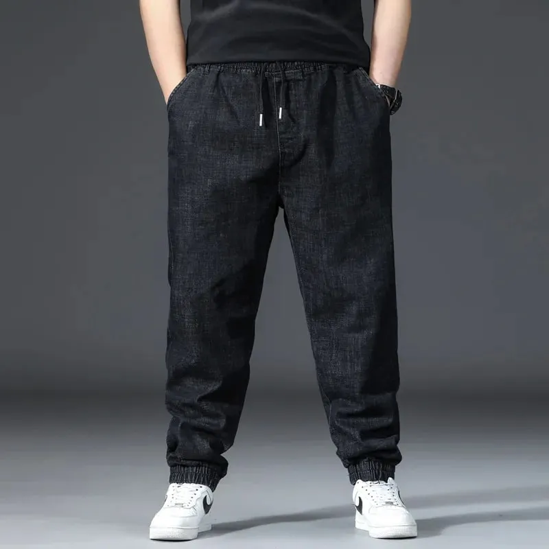 Men's Elastic Waist Loose Straight Jogger Jeans Plus Size Cuffed Ankle Denim Pants pantalones hombre Casual Trousers