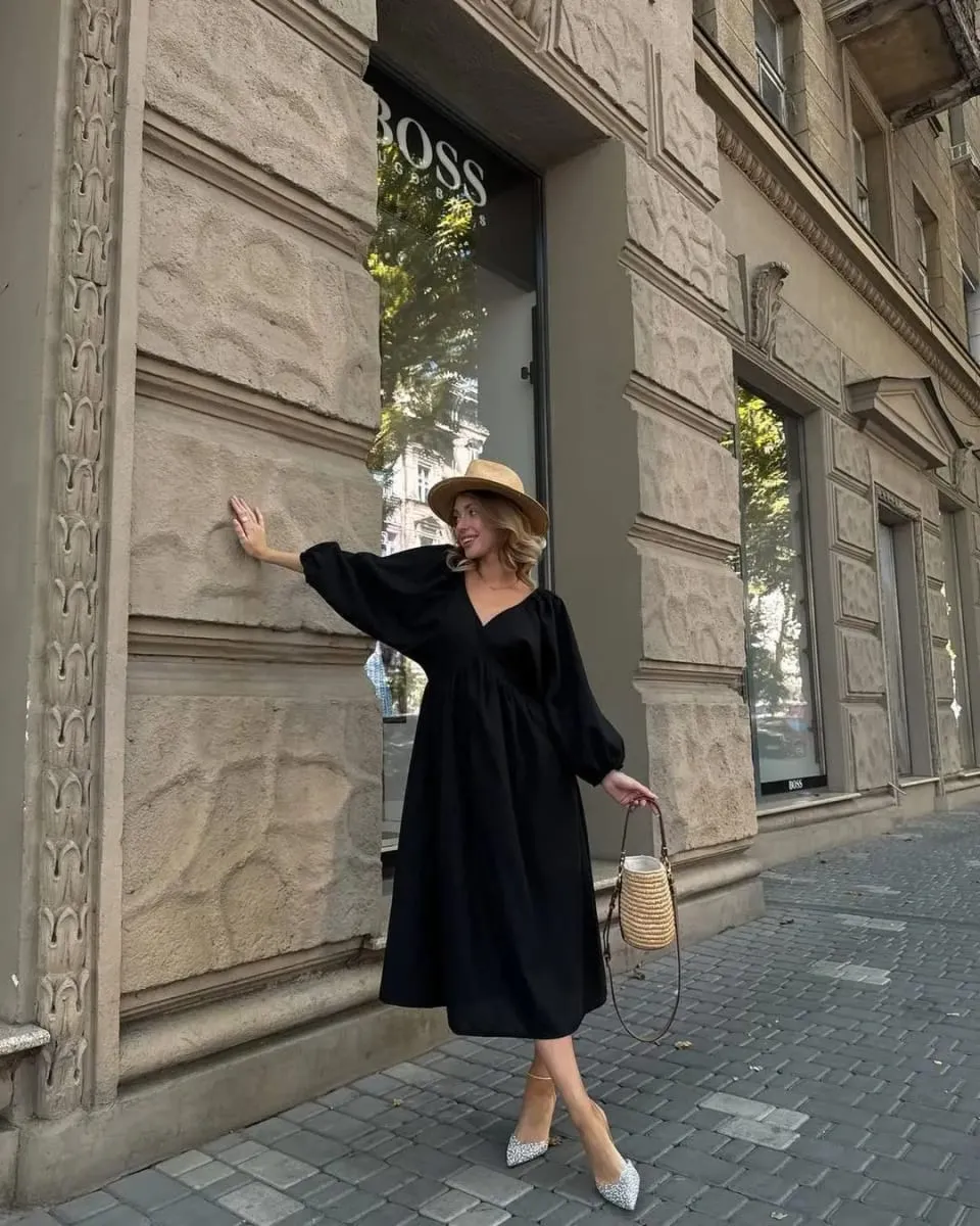 2026Spring Summer V Neck Backless Lace Up Dress Women Lantern Sleeve Loose Casual Long Dresses High Street Fashion Solid Robes — image 6