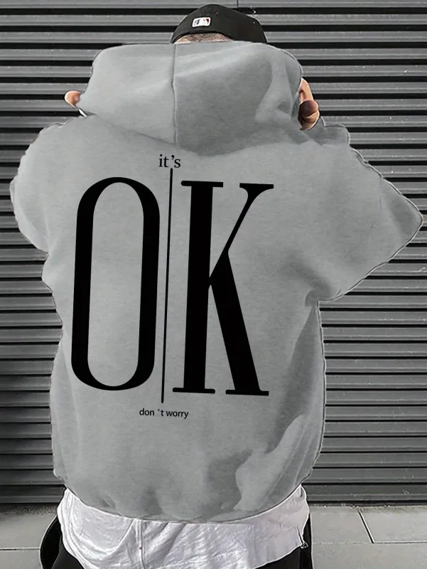 Men Hoodie It's OK Don't Worry Letter Print Oversized Casual Streetwear Loose Casual Long Sleeve Pullover Streetwer Tops — image 5