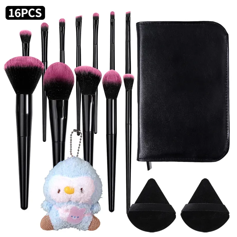 16Pcs Gradient Pink Makeup Brush Set Soft Synthetic Hair Face Eye Cosmetic Brushes With 2 Triangle Velvet Powder Puffs Black Mak
