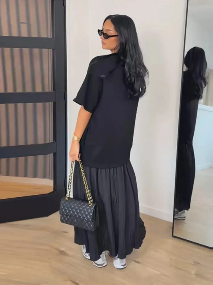 Fashion Patchwork Women Short Sleeve Dresses Casual O Neck Loose Female Solid Midi Dress 2026 Spring New Lady Long Robe Street