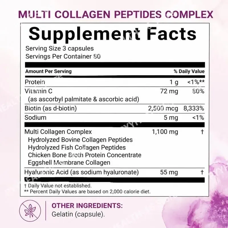 Multi Collagen Peptides Capsules with Biotin Vitamin C and Hyaluronic Acid Contains Eggs and Fish 240 Capsules