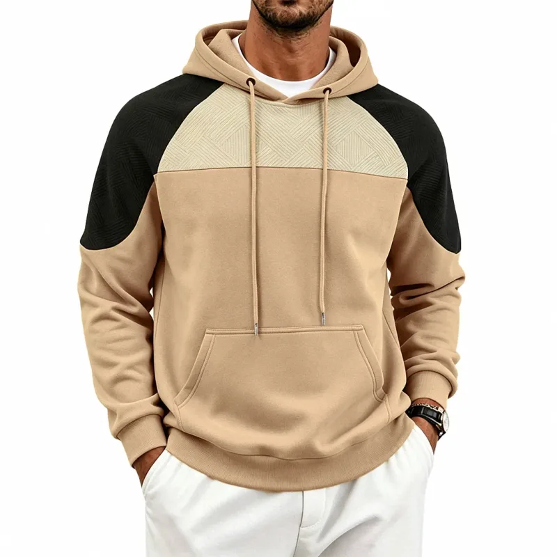Autumn Winter Men Color Block Raglan Hoodie Textured Chest Panel Drawstring Kangaroo Pocket Loose Casual Streetwear Sweatshirt