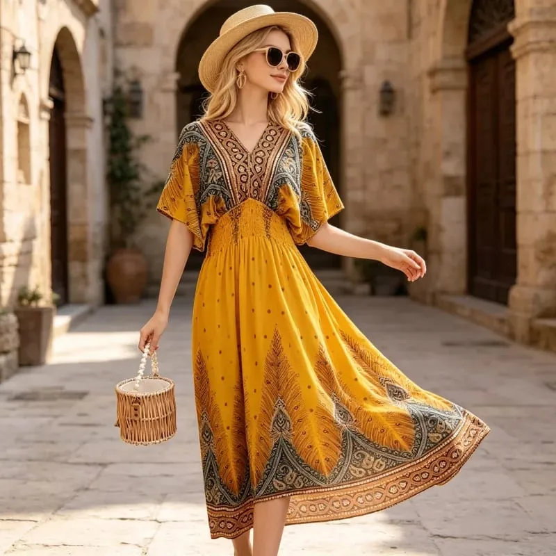Boho Holiday Women V-Neck Batswing Short Sleeve A-Line Midi Dresses Slim Elastic Waist Casual Vintage Office Lady Elegance Dress — image 5