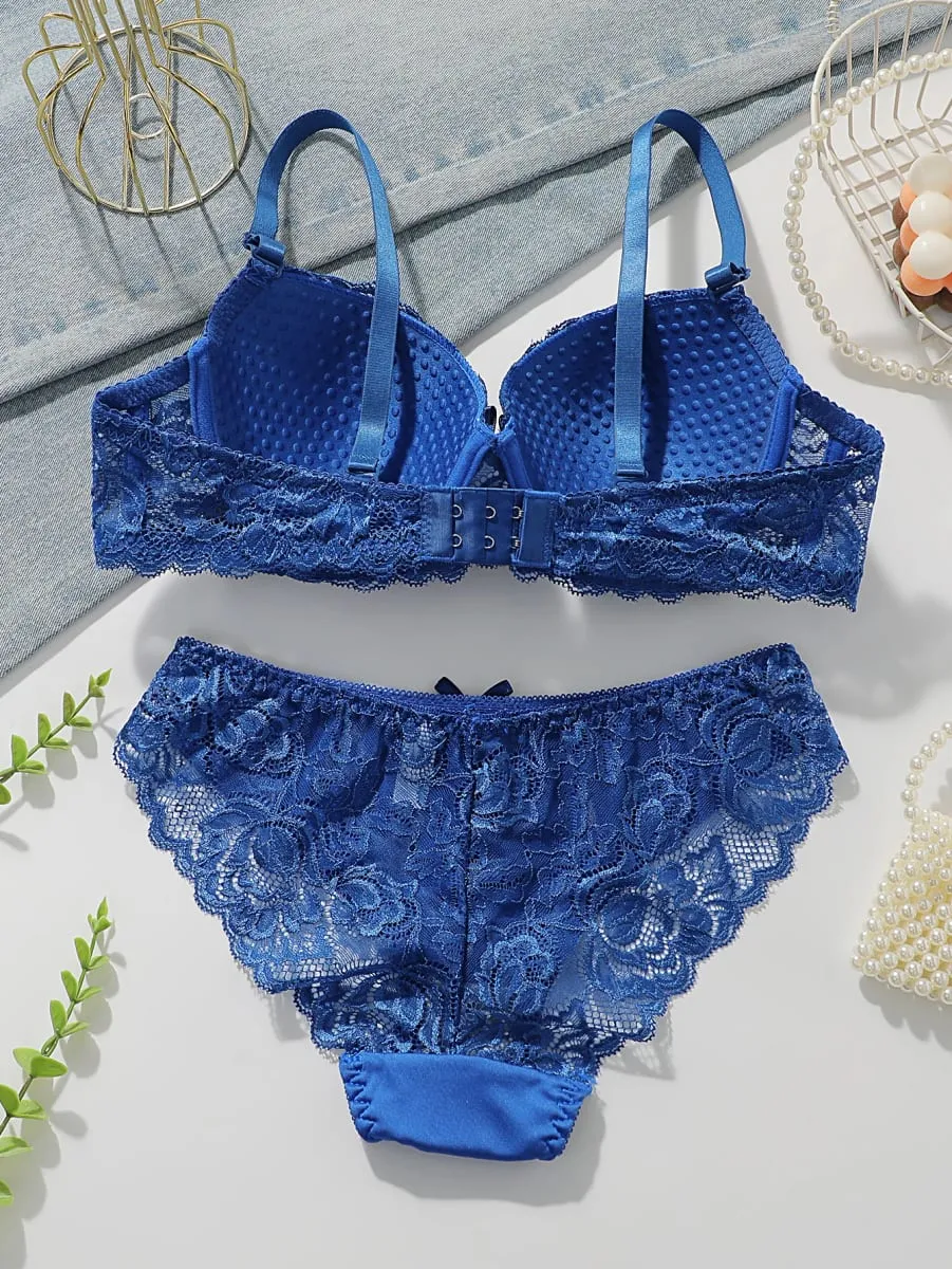 Blue Lace Push Up Bra Set Women Sexy Underwire Bra & Panty Set Lingerie Sets Breathable Ladies Intimates — image 2