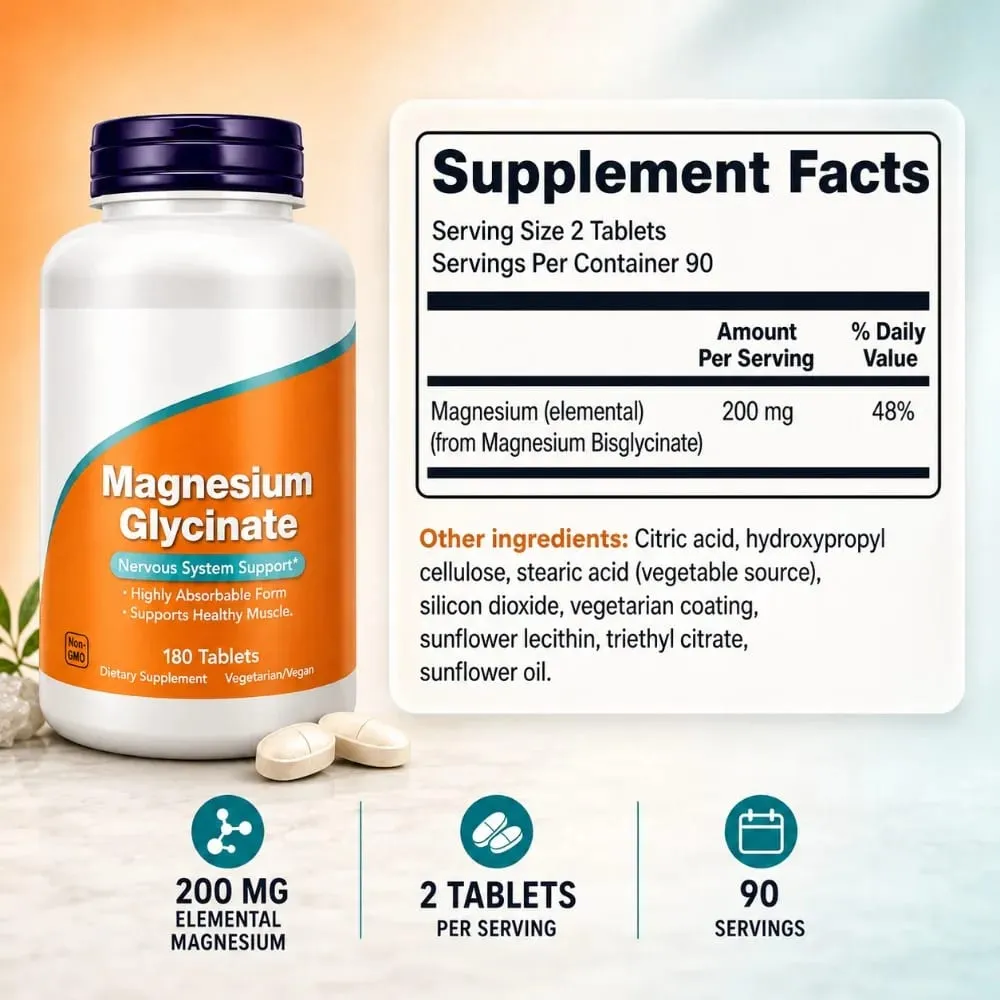 Magnesium Glycinate Tablets 200mg High Absorption Vegan Non-GMO Formula for Nervous System Muscle Relaxation Support 180 Count