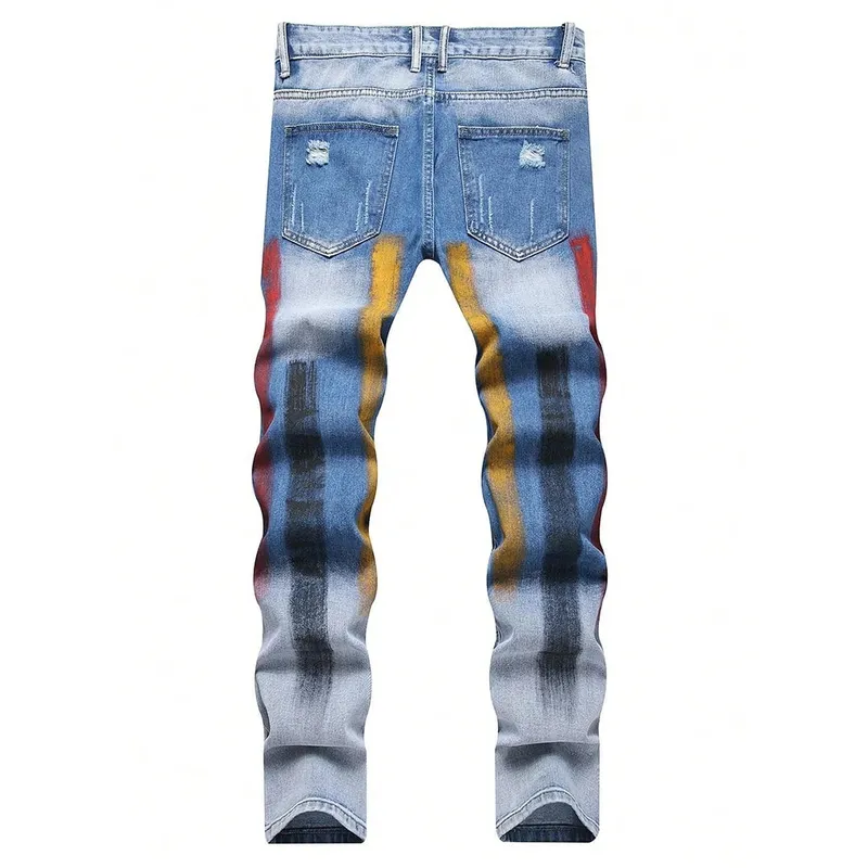 Men Painted Denim Jeans Contrast Color Holes Ripped Distressed Pants Non Stretch Cotton Slim Straight Trousers — image 3