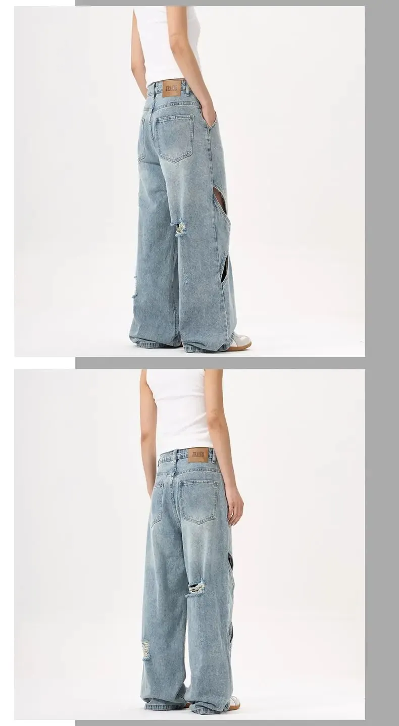 2025 New American style patchwork structure denim pants with holes men's and women's loose wide leg unisex straight leg jeans — image 3