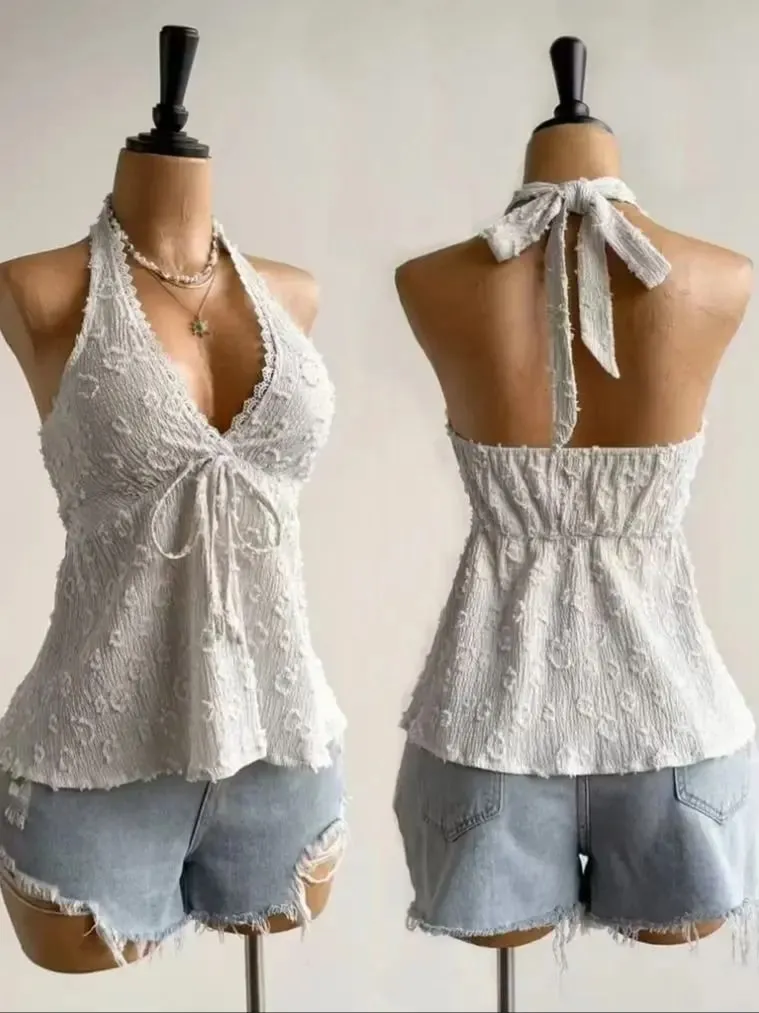 Ladies' Summer V-neck Lace Neck Strap Off Shoulder Leisure Vacation Easter Beach Wear Music Festival Top