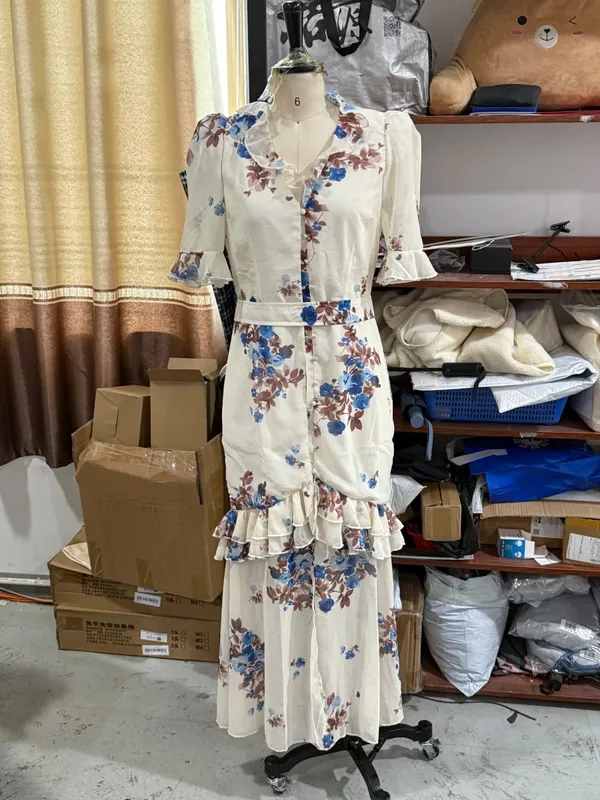 Floral Print Ruffle V Neck Waist Cinching Long Dresses Split Hem Single Breasted Maxi Dress 2026 Party Beach Vacation Vestidos