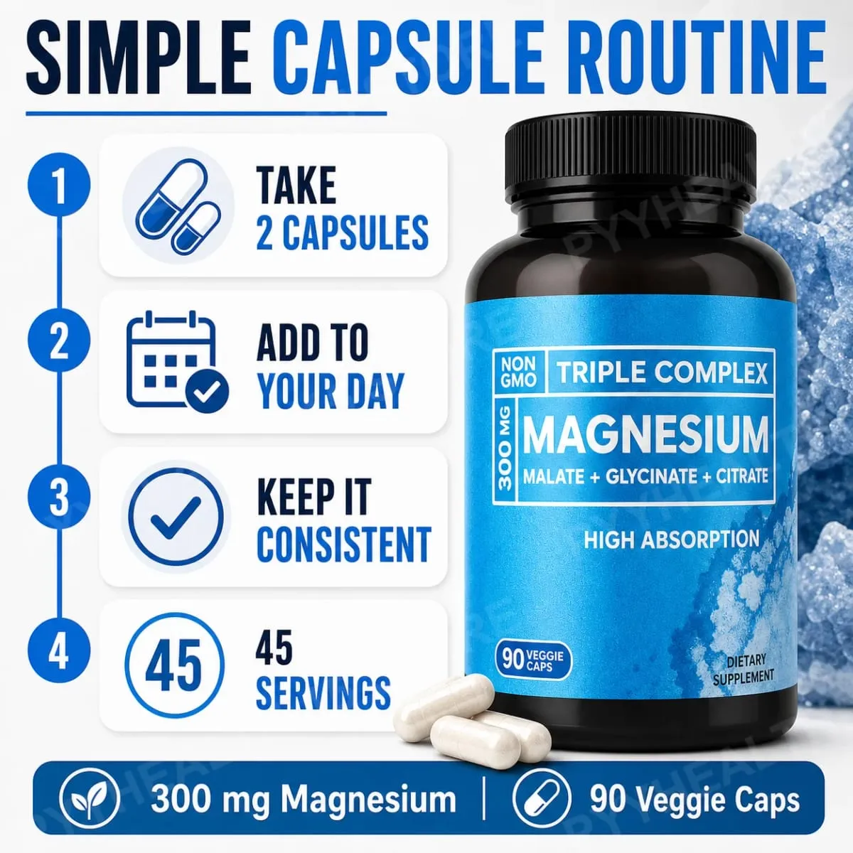 Triple Magnesium Complex 300mg Malate Glycinate Citrate High Absorption Daily Mineral Supplement Vegan Non GMO 90 Veggie Caps — image 3