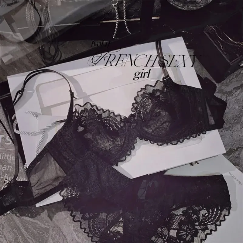 French Ultra Thin Sheer Lace Bra Set Underwire Perspective Beauty Back Large Bust Minimizer Side Shaping Anti Sag 32-38 Bra Set