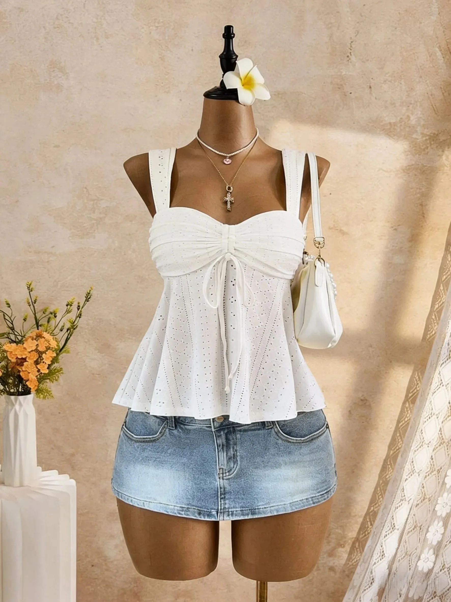 Women Sweetheart Neck Drawstring Ruched Peplum Cami Top Polka Dot Print Sleeveless Casual Camisole Outfit — image 1