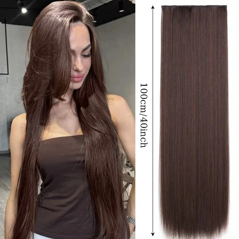 40inch Super Long Hair Extensions Wig Straight 5Clips in Hair Extensions Synthetic Hairpiece Fake Hair for Women Daily Party Use