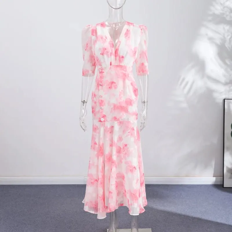 Women Printed V Neck Long Dress Flared Sleeve Lotus Leaf Edge High Waist Slim Fit Maxi Dresses Lady Elegant Evening Party Dress — image 6