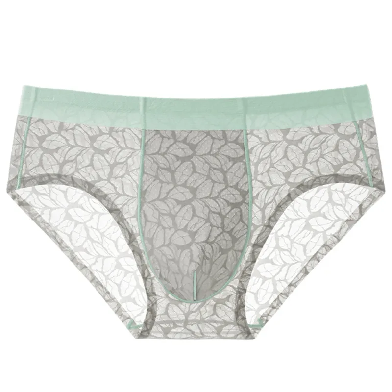 Homens de seda gelo ultra-fino breve roupa interior sem costura renda jacquard respirável pantie 3d bulge bolsa lingerie de malha transparente