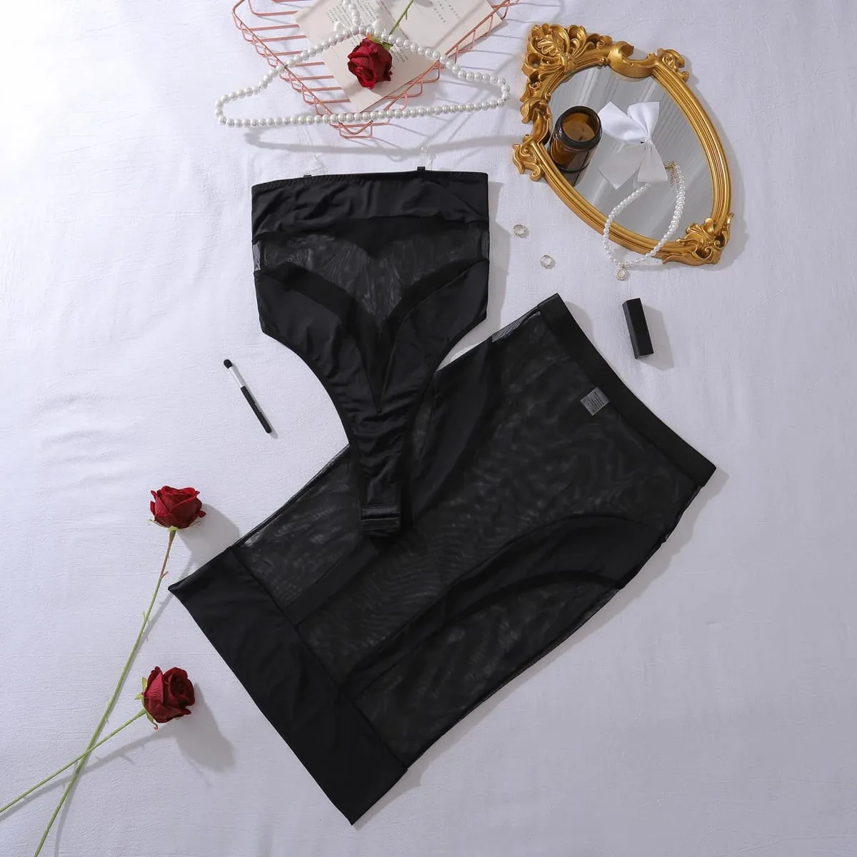 Κομψά καυτά σέξι εσώρουχα See Through Bodysuits Half Dress 2PC Σετ Seductive Splicing Party Queen Κοστούμια Perspective Mesh