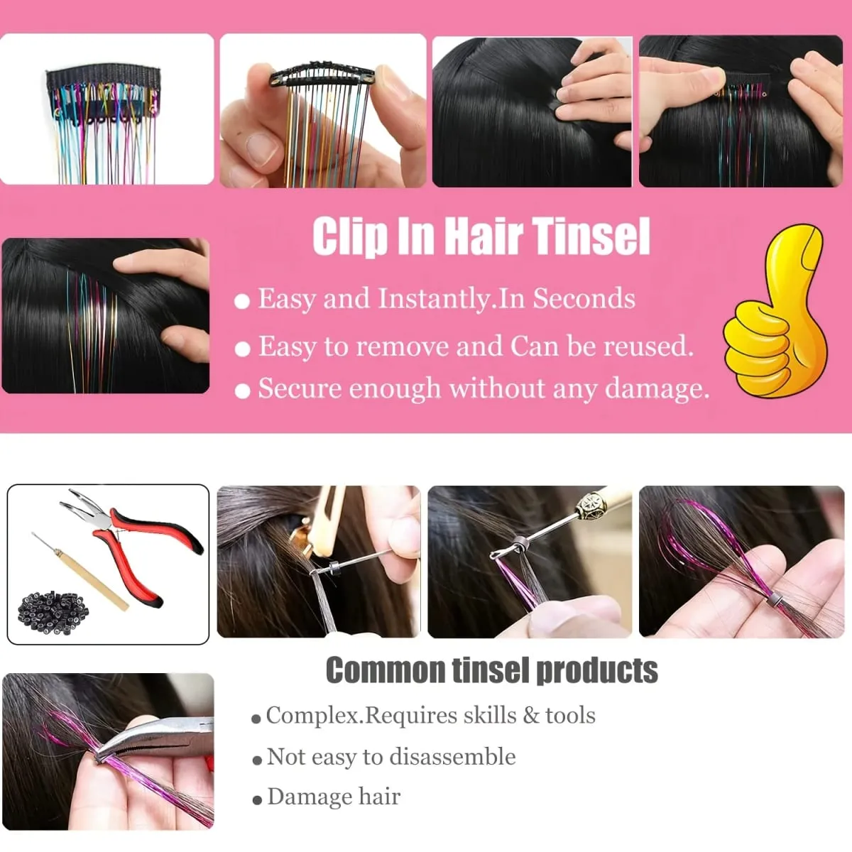 Hair Tinsel Clip in Rainbow Hair Accessories 24 Inch Fairy Hair Tinsel Kit for Women Glitter Extensions Synthetic for Christmas — image 4