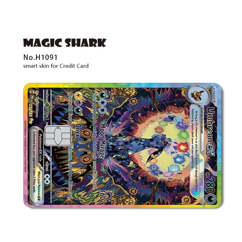 Tubarão mágico mew charizard ex eevee gengar pikachu tcg cartão holográfico laser filme de pele adesivo para cartão de crédito bancário