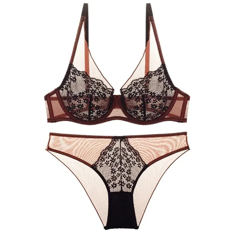 French Vintage Mesh Lace Flower Bra Set Brassiere Underwear Push Up Bra Women Lingerie Thin Mesh Bra Panties Kit Lady — image 10