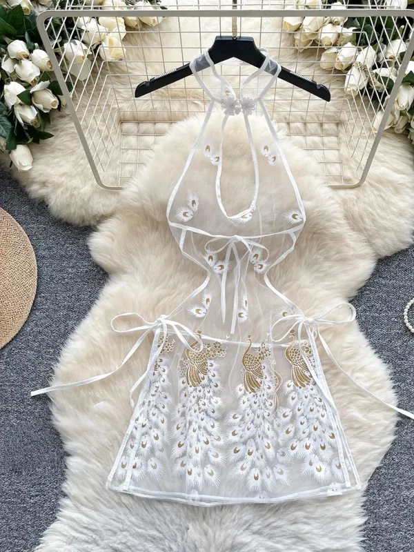 Woman Embroidery Floral Mesh Fashion Sexy Dress Chinese Style Short Sleeve Split Hollow Out Cheongsam New Gauze Sheer Dress — image 32