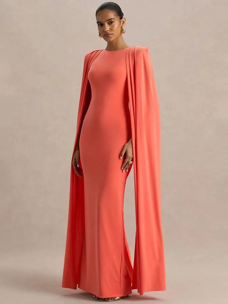 Mozision Cape Sleeve Sexy Maxi Dress Women Gown Elegant Fashion Zipper O Neck High Waist Split Club Party Long Dresses Female — image 4